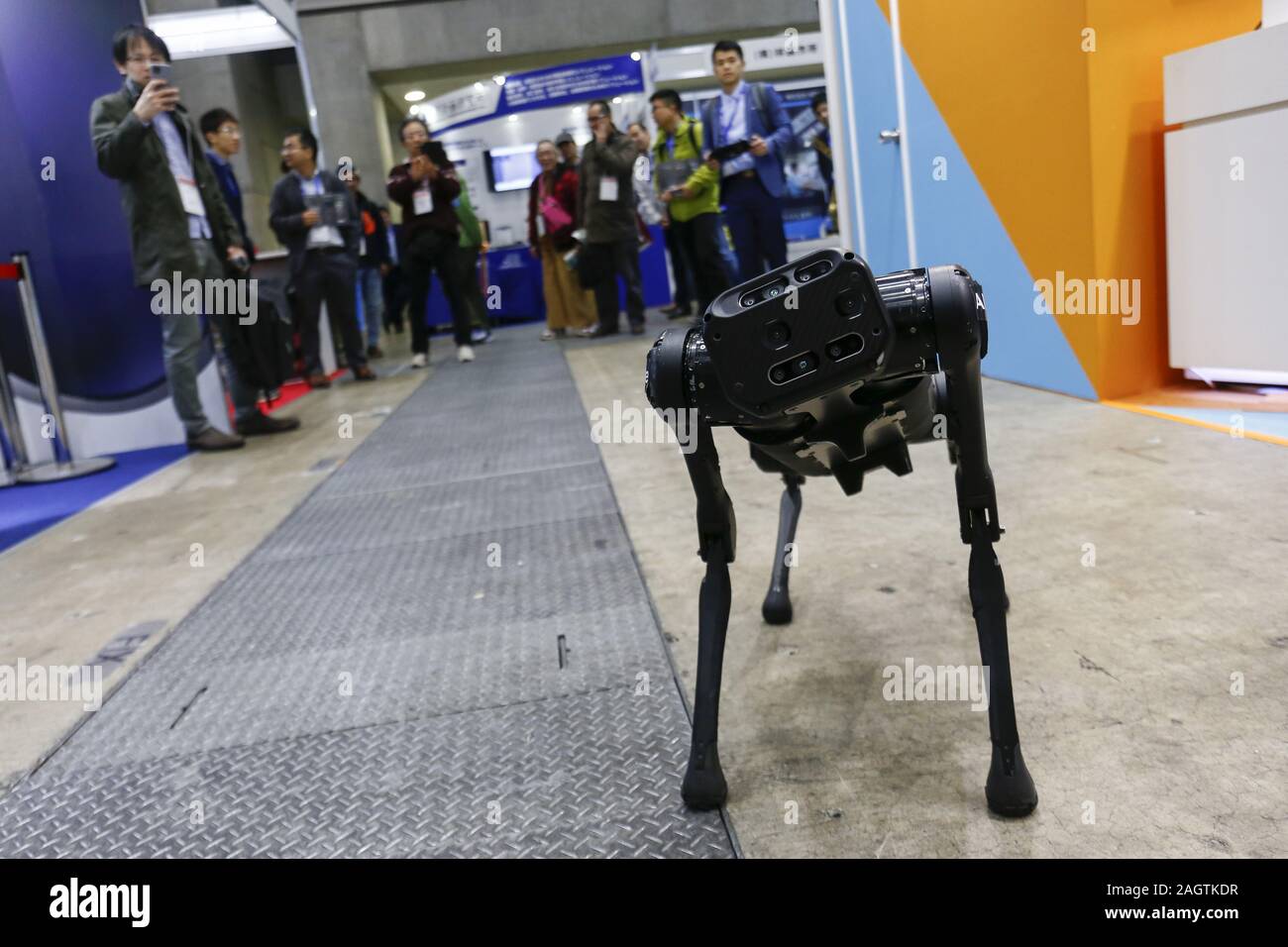 Tokyo, Japan. 21st Dec, 2019. A robot dog AlienGo performs during the International Robot