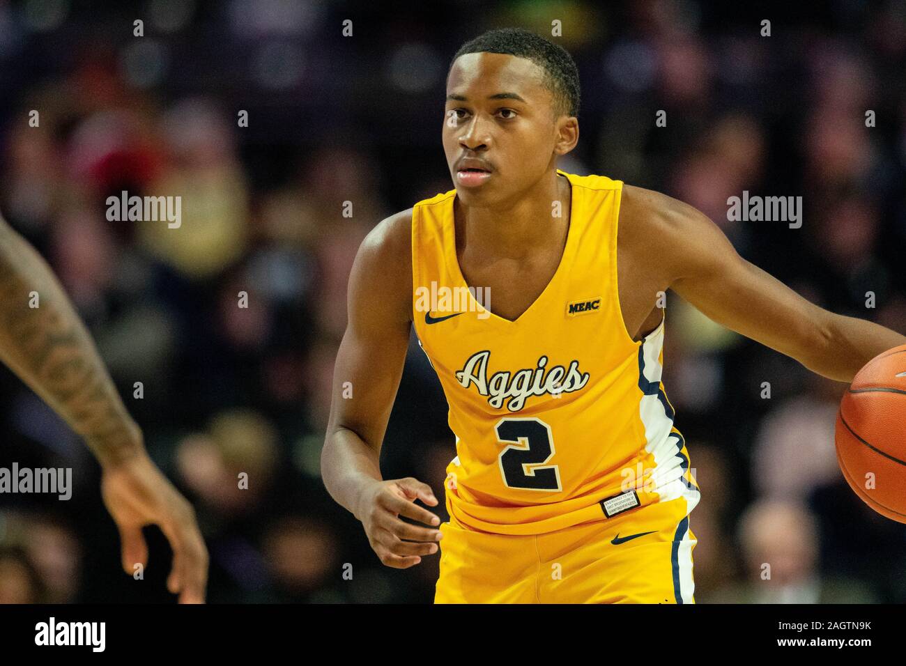 Winston-Salem, NC, USA. December 21, 2019: North Carolina A&T Aggies guard Fred Cleveland Jr. (2) with the ball during the second half of the NCAA Basketball matchup at LJVM Coliseum in Winston-Salem, NC. (Scott Kinser/Cal Sport Media) Stock Photo