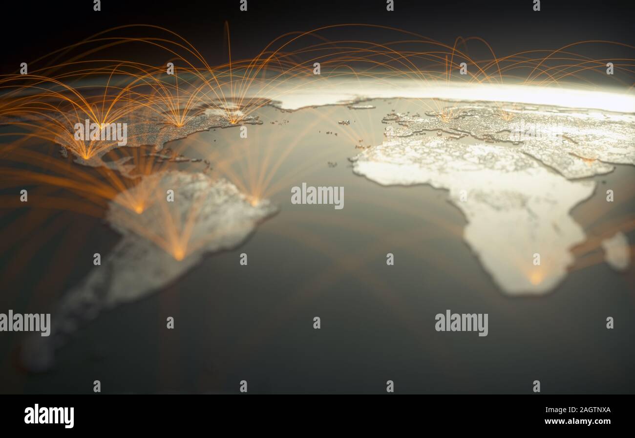 Globalized world, the future of digital technology. Connections and cloud computing in the virtual world. World map with satellite data connections. C Stock Photo