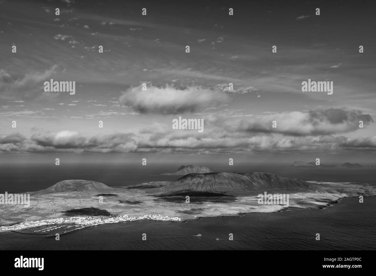 Beautiful aerial view in black and white of Caleta del Sebo, La Graciosa island, Canaries, Spain Stock Photo