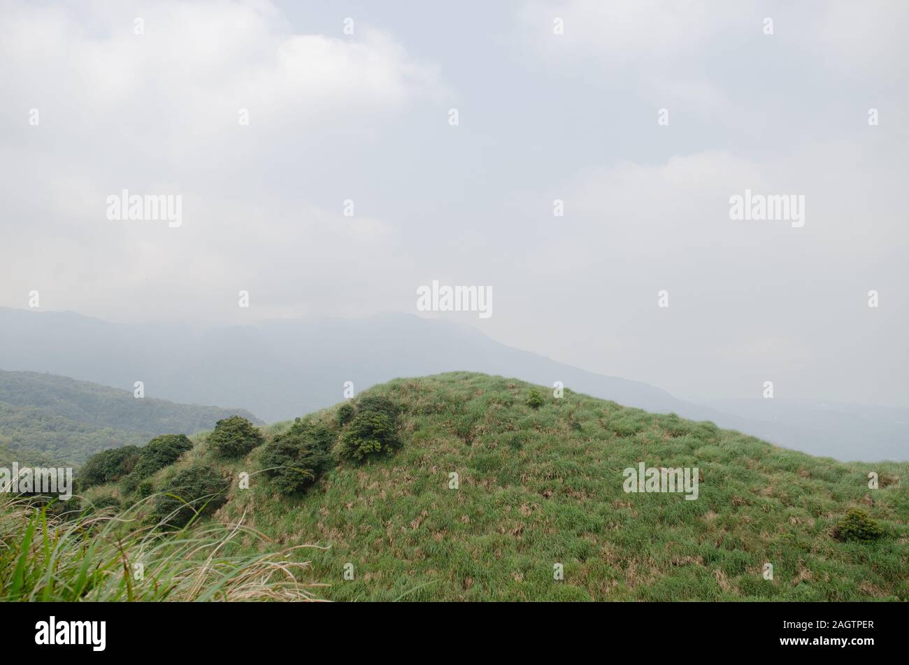 A hilly landscape with lush green grass at Yangmingshan National Park in Taiwan, March 2019 Stock Photo
