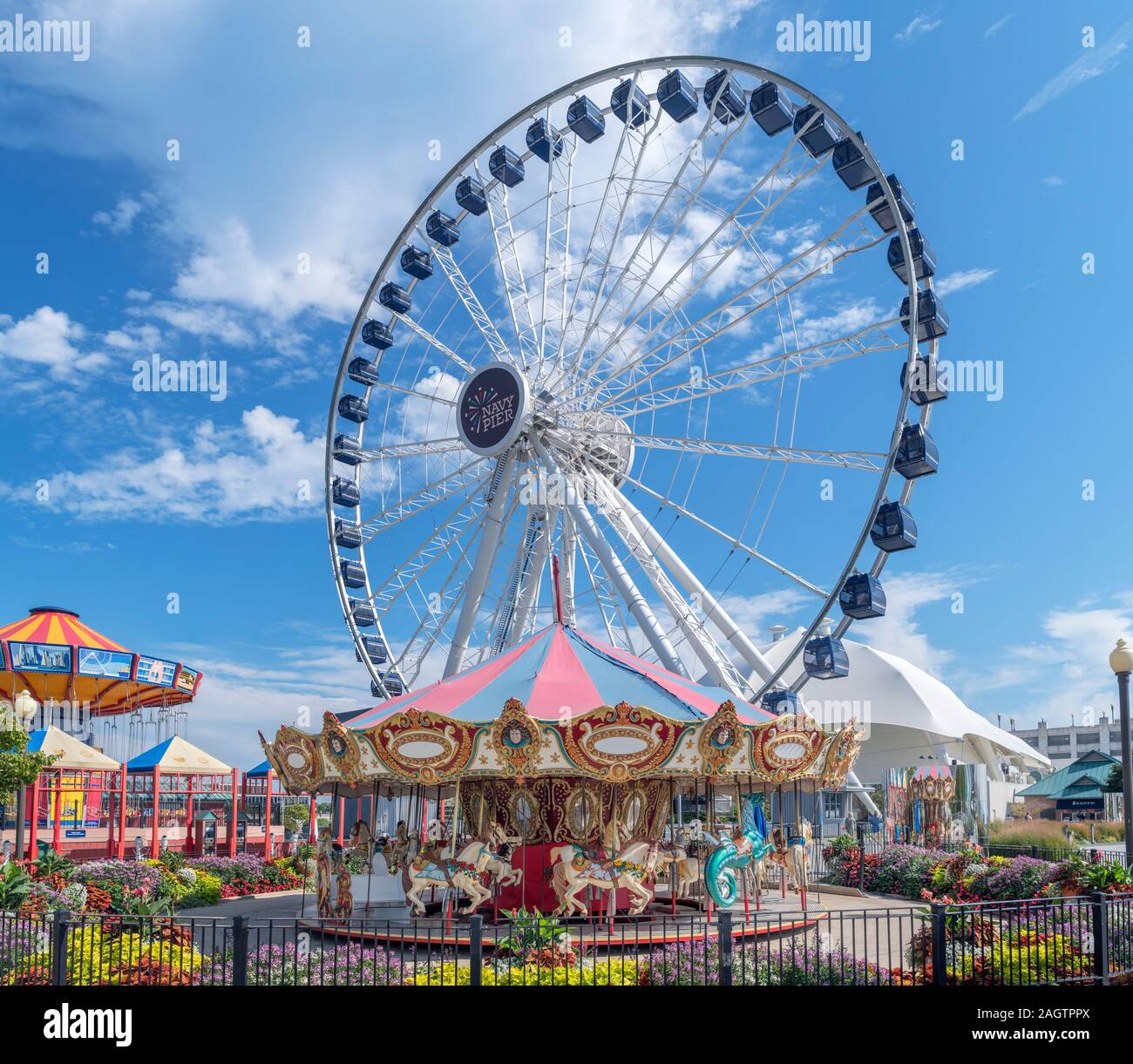 Carousel and Centennial Wheel on Navy Pier, Chicago, Illinois, USA. Stock Photo