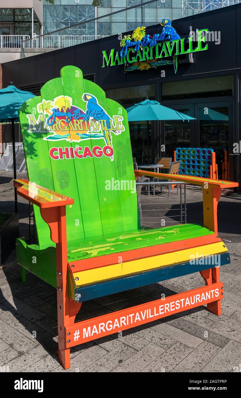 Giant chair outside Margaritaville bar and restaurant on the Navy Pier, Chicago, Illinois, USA. Stock Photo