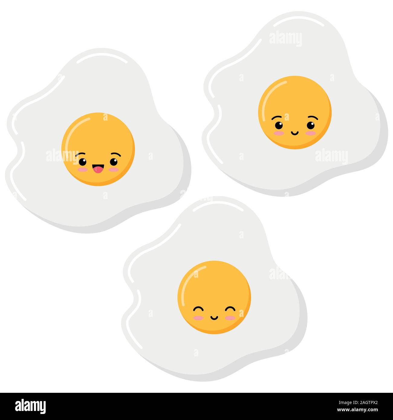 Cute emoji fried eggs icon set, top view, isolated on white background
