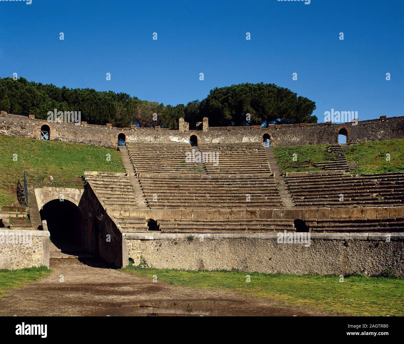 Italy. Pompeii. The Amphitheatre. It was built around 80 BC. Cavea, detail. Campania. Stock Photo