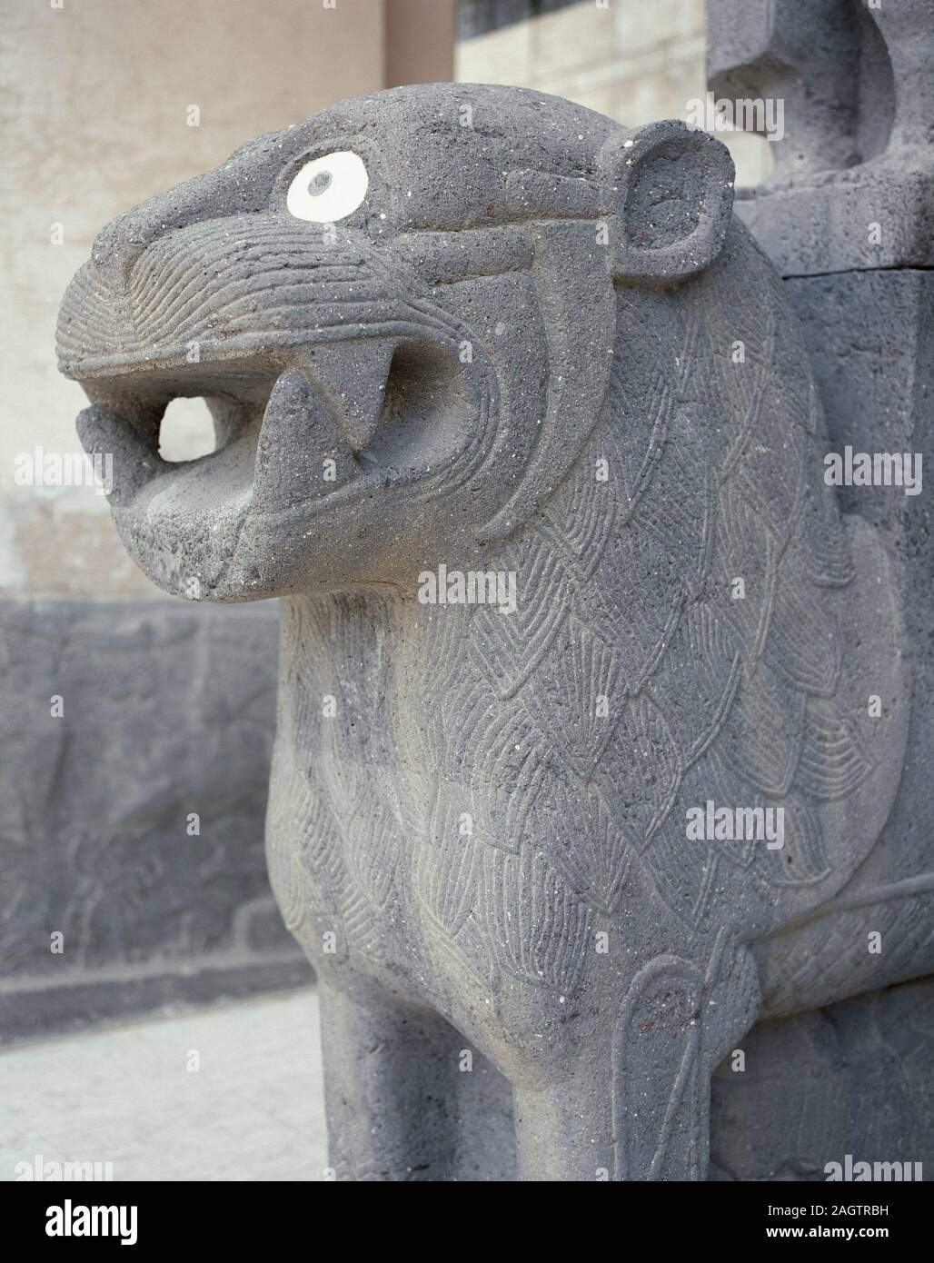 Eastern Mediterranean Civilizations. Syria. Halaf Culture (6100-5100 BC). Iron Age. Neo-Hittite Settlement of Tell Halaf. Sculpture depicting a head of a lion which guarded the Tell Halaf Temple. Entrance of The National Museum of Aleppo. (Photo taken before the Syrian Civil War). Stock Photo