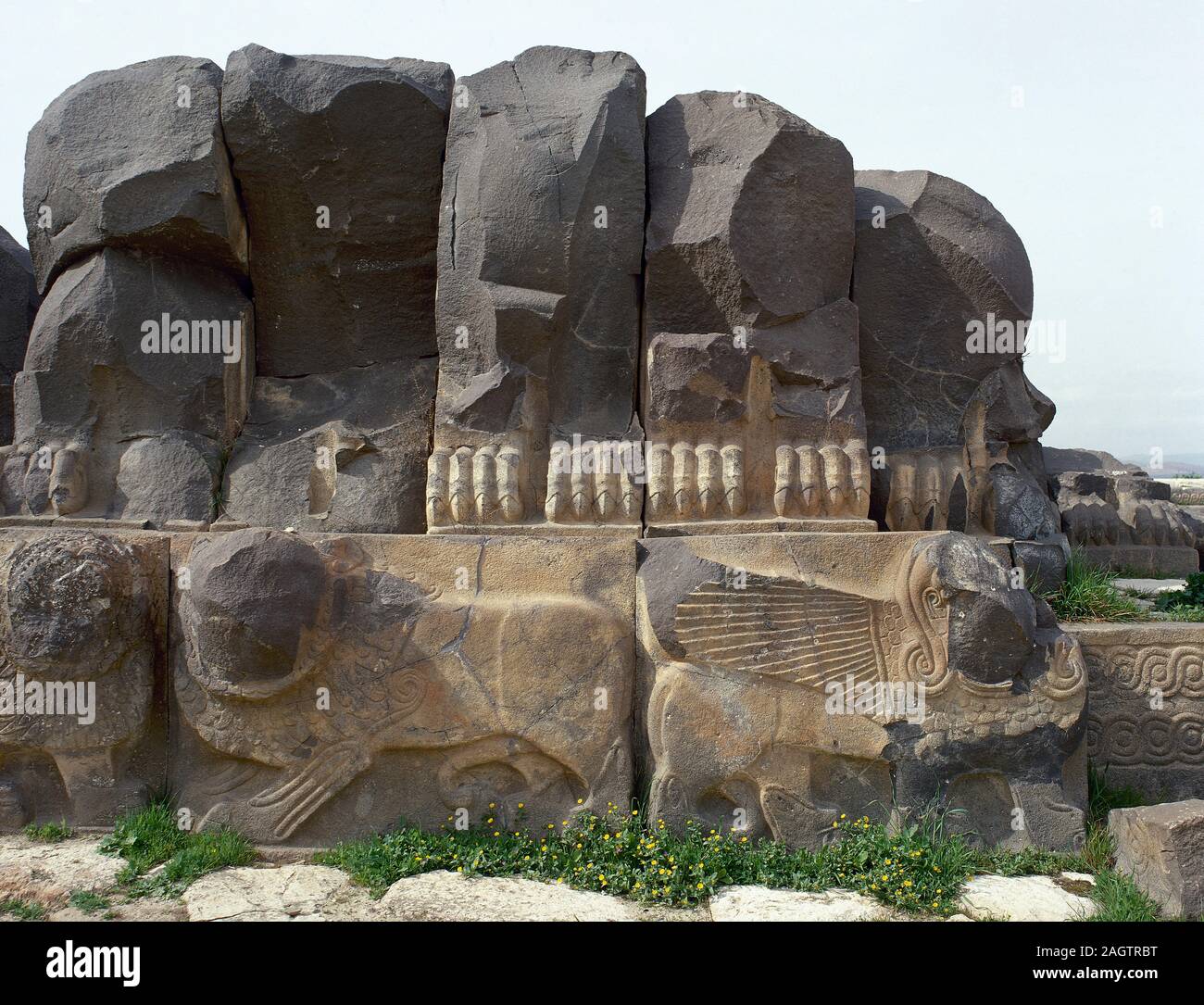 Syria, Ain Dara. Iron Age. Syro-Hittite temple, c. 1300 BC-740 BC. Basaltic stone plinth with Sphinx. Photo taken before the Syrian Civil War. The temple was significantly damaged by Turkish AIr Forces in 2018. Stock Photo
