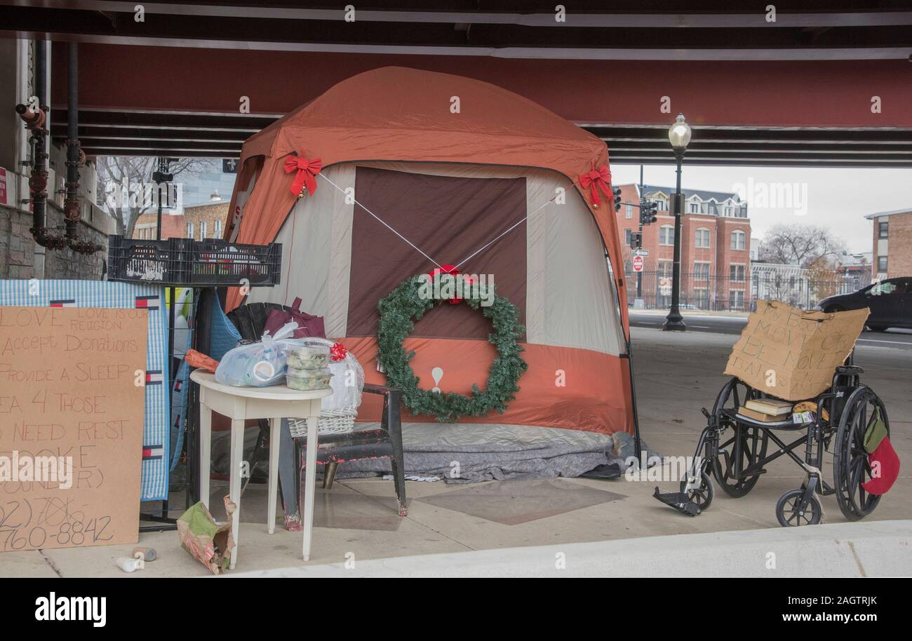 Washington DC, December 21 2019--A homeless camp under a bridge in Washington DC has Christmas decoration celebrating the holidays.  Patsy Lynch/Alamy Stock Photo