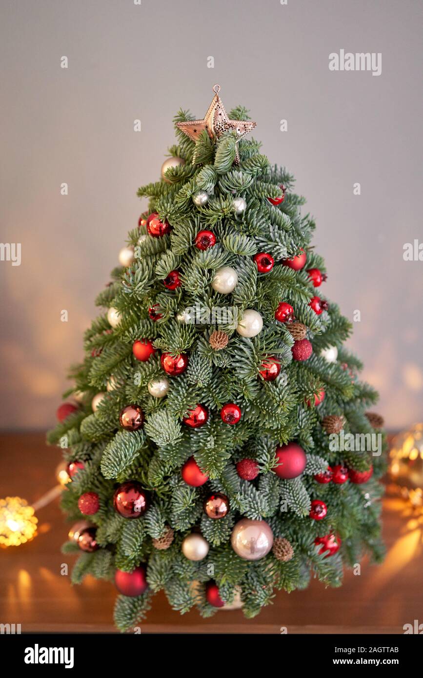 Beautiful Small Christmas Tree On Wooden Table Happy Mood