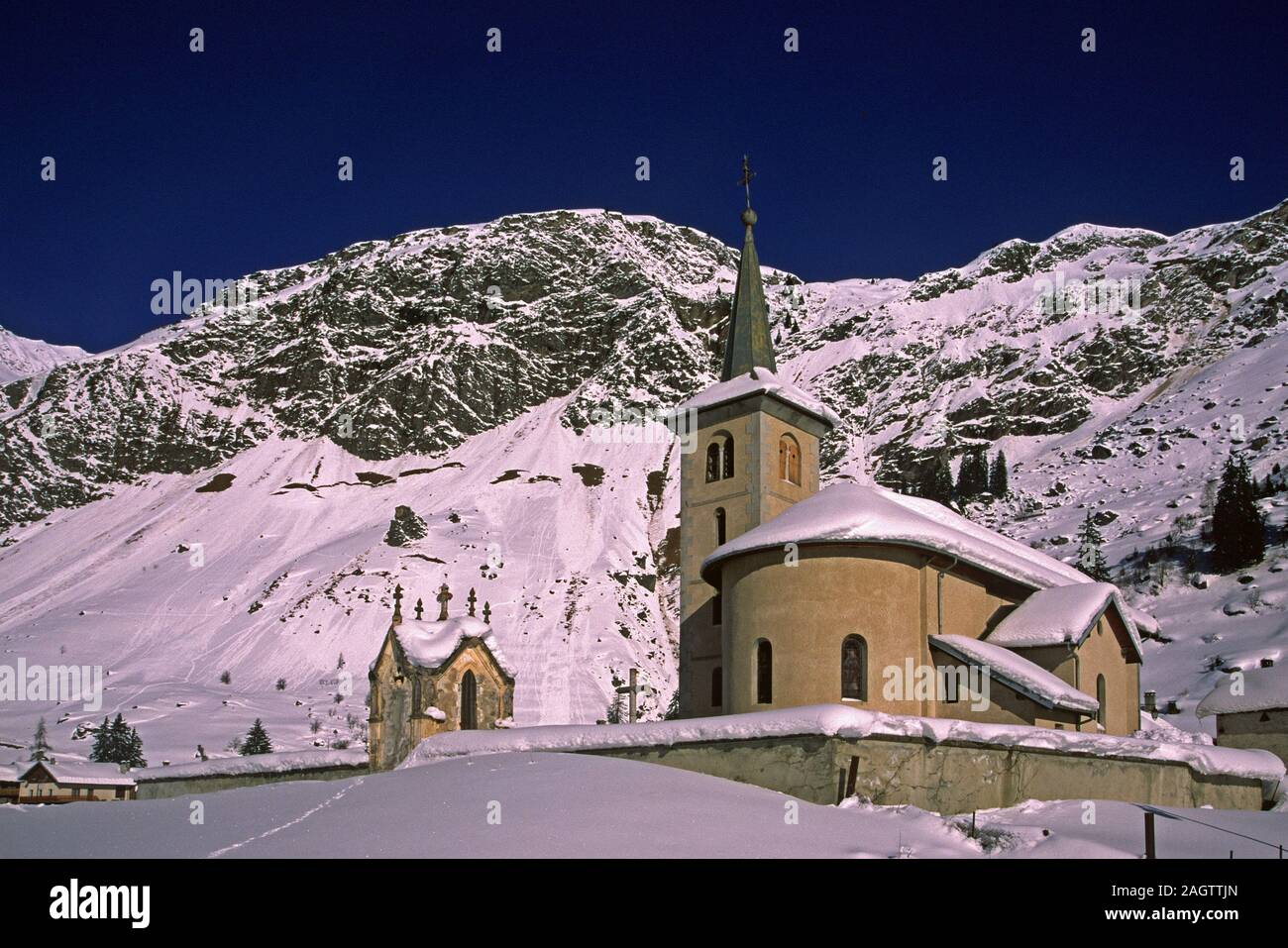 The church of Champagny en Vanoise Savoie little typical mountain village  Stock Photo