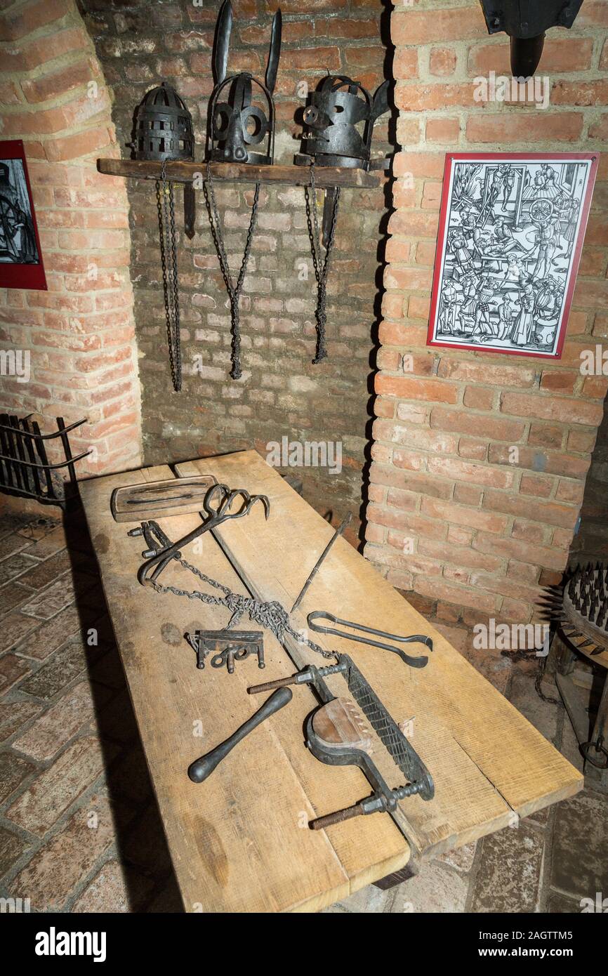 Instruments of torture, Labyrinth underground tunnels, Brno, Czech Republic Stock Photo