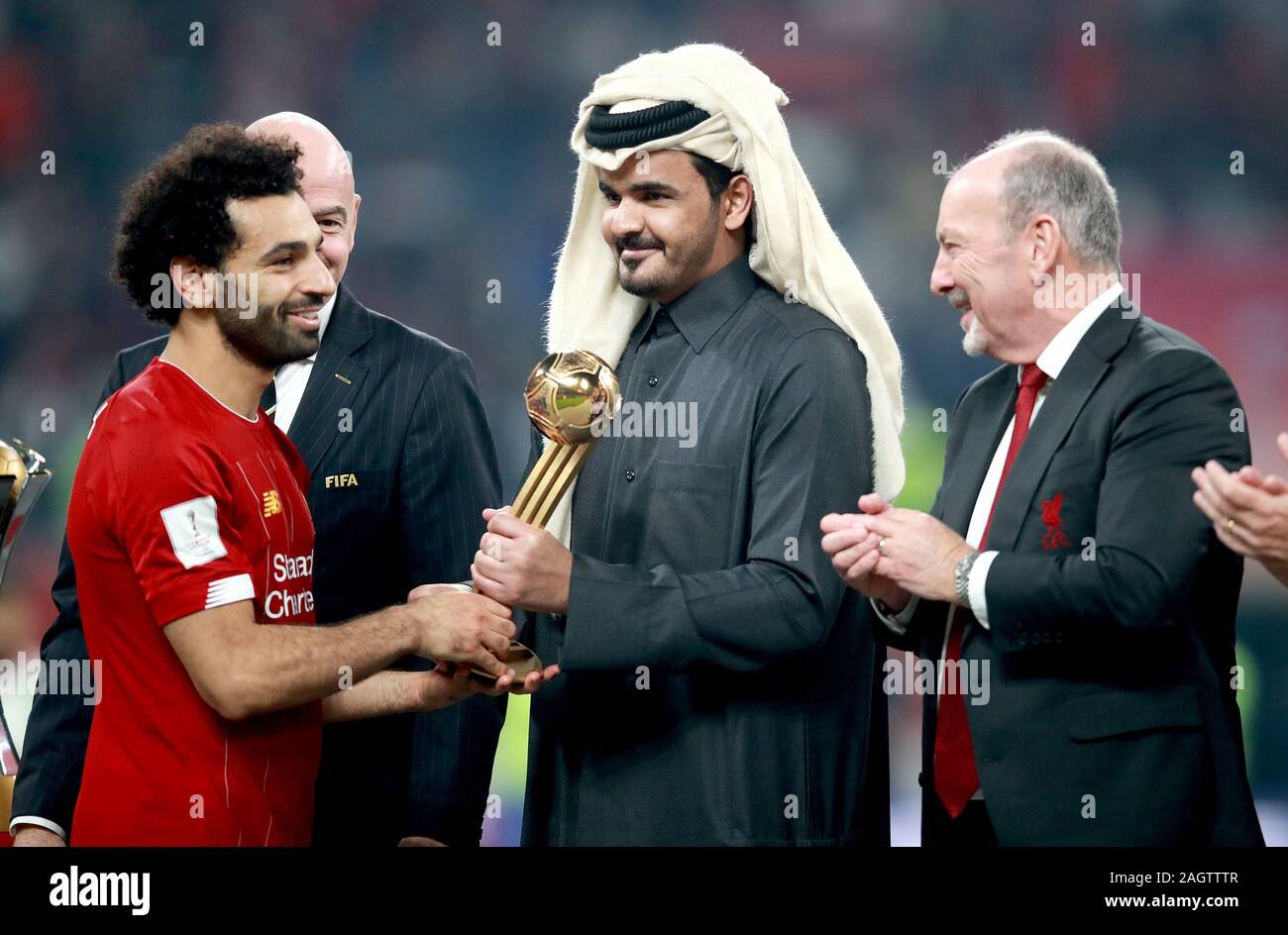 Liverpool's Mohamed Salah wins the Adidas Golden Ball award at the FIFA Club World Cup final at the Khalifa International Stadium, Doha. Stock Photo