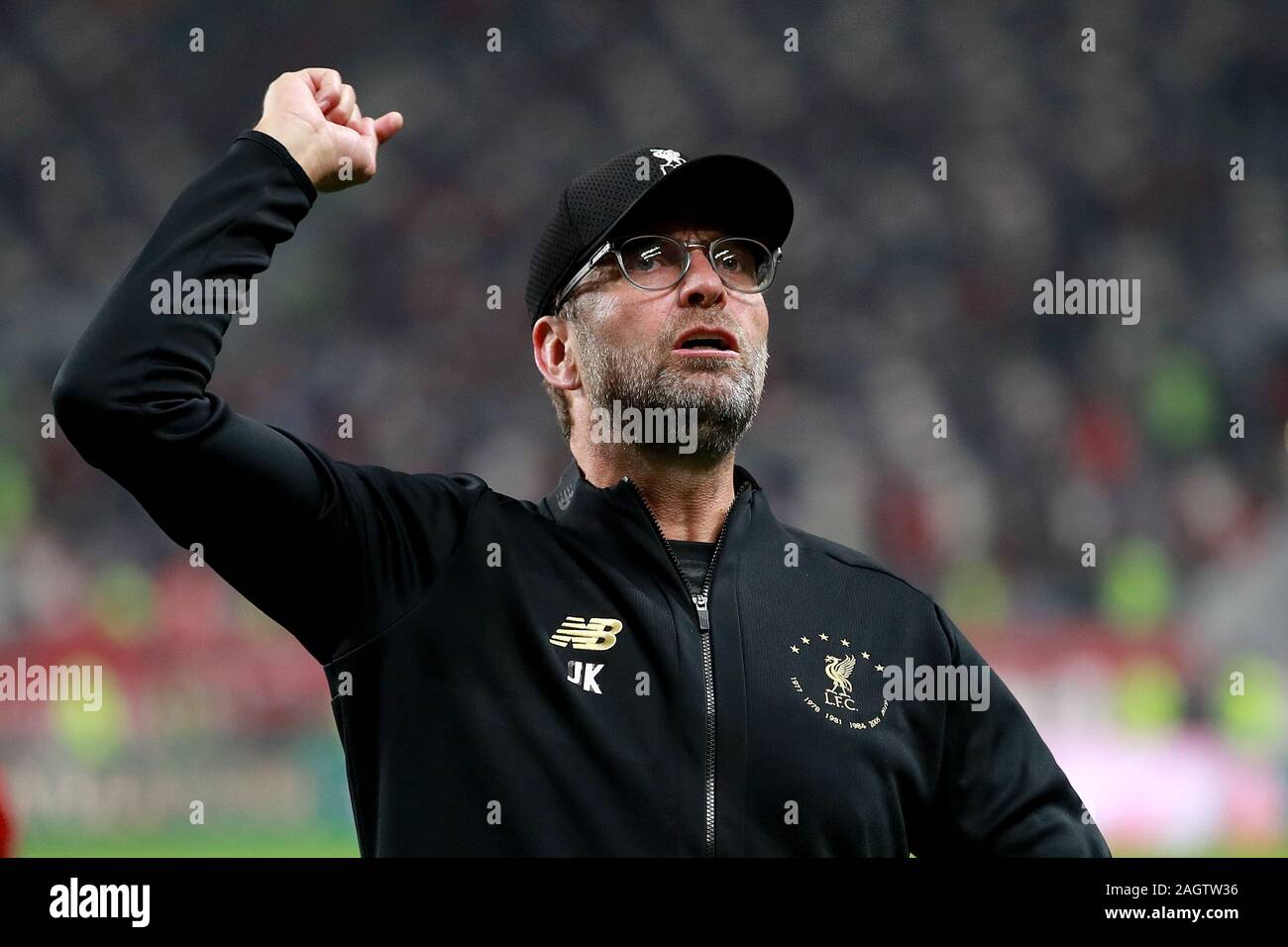 Liverpool manager Jurgen Klopp celebrates after the final whistle during the FIFA Club World Cup final at the Khalifa International Stadium, Doha. Stock Photo