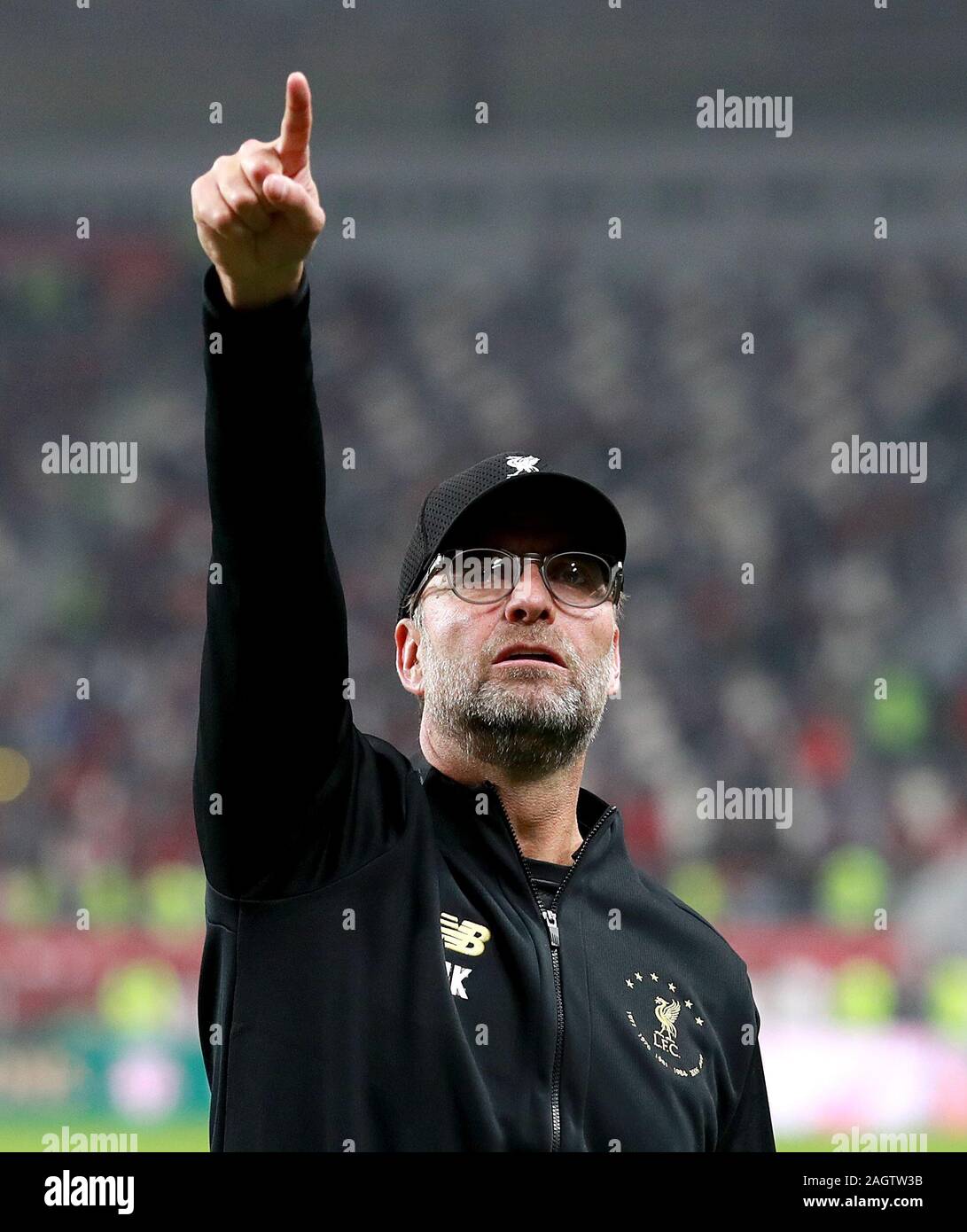Liverpool manager Jurgen Klopp celebrates after the final whistle during the FIFA Club World Cup final at the Khalifa International Stadium, Doha. Stock Photo