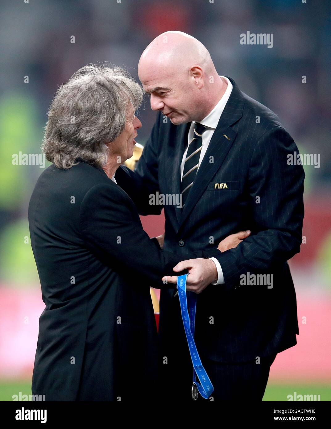 Flamengo manager Jorge Jesus with FIFA President Gianni Infantino after the FIFA Club World Cup final at the Khalifa International Stadium, Doha. Stock Photo
