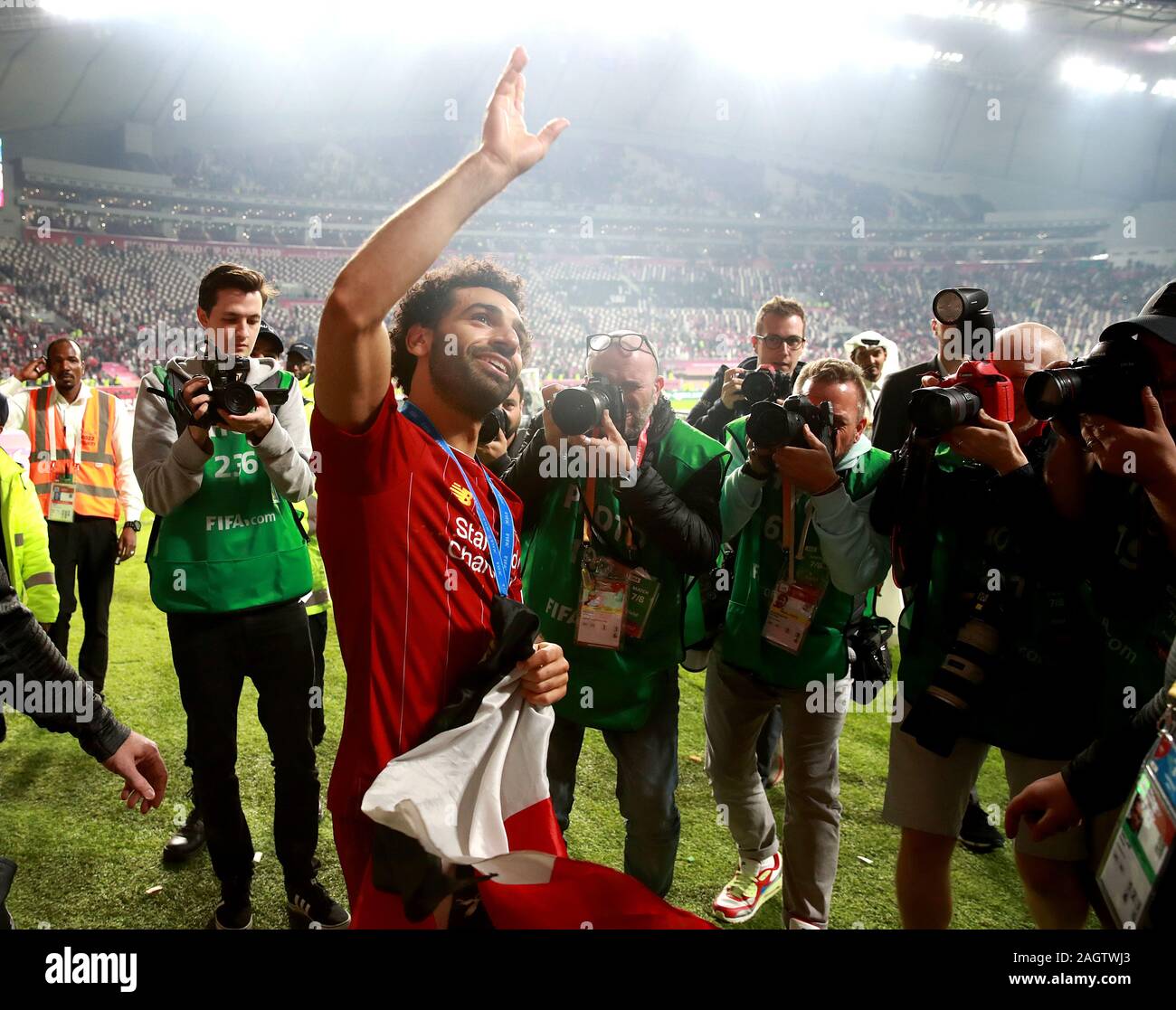 Liverpool's Mohamed Salah celebrates after the FIFA Club World Cup final at the Khalifa International Stadium, Doha. Stock Photo
