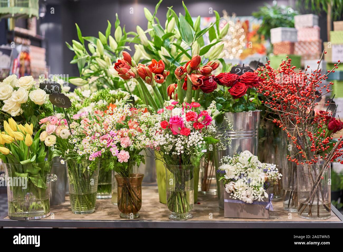 Vases With Different Colored Flowers Showcase Flower Shop