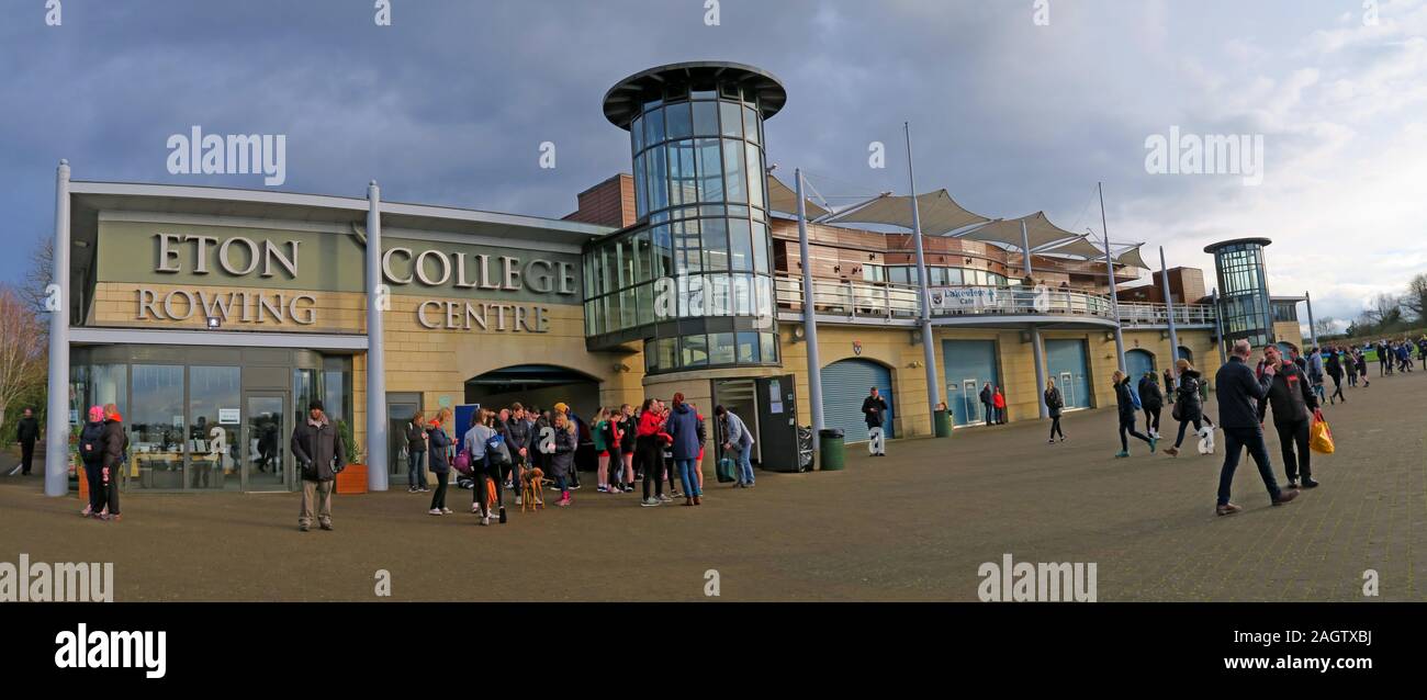 Wide shot Main Building, National Schools Regatta, Dorney Lake, Eton College Rowing Centre, Berks, England, SL4 6QP Stock Photo