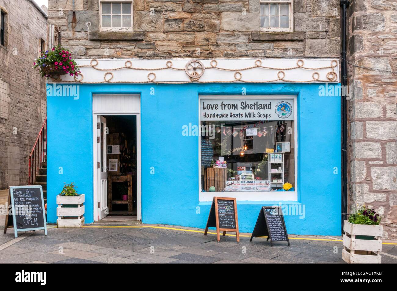 The Love From Shetland shop selling handmade goat's milk soap in Commercial Street, Lerwick, Shetland. Stock Photo