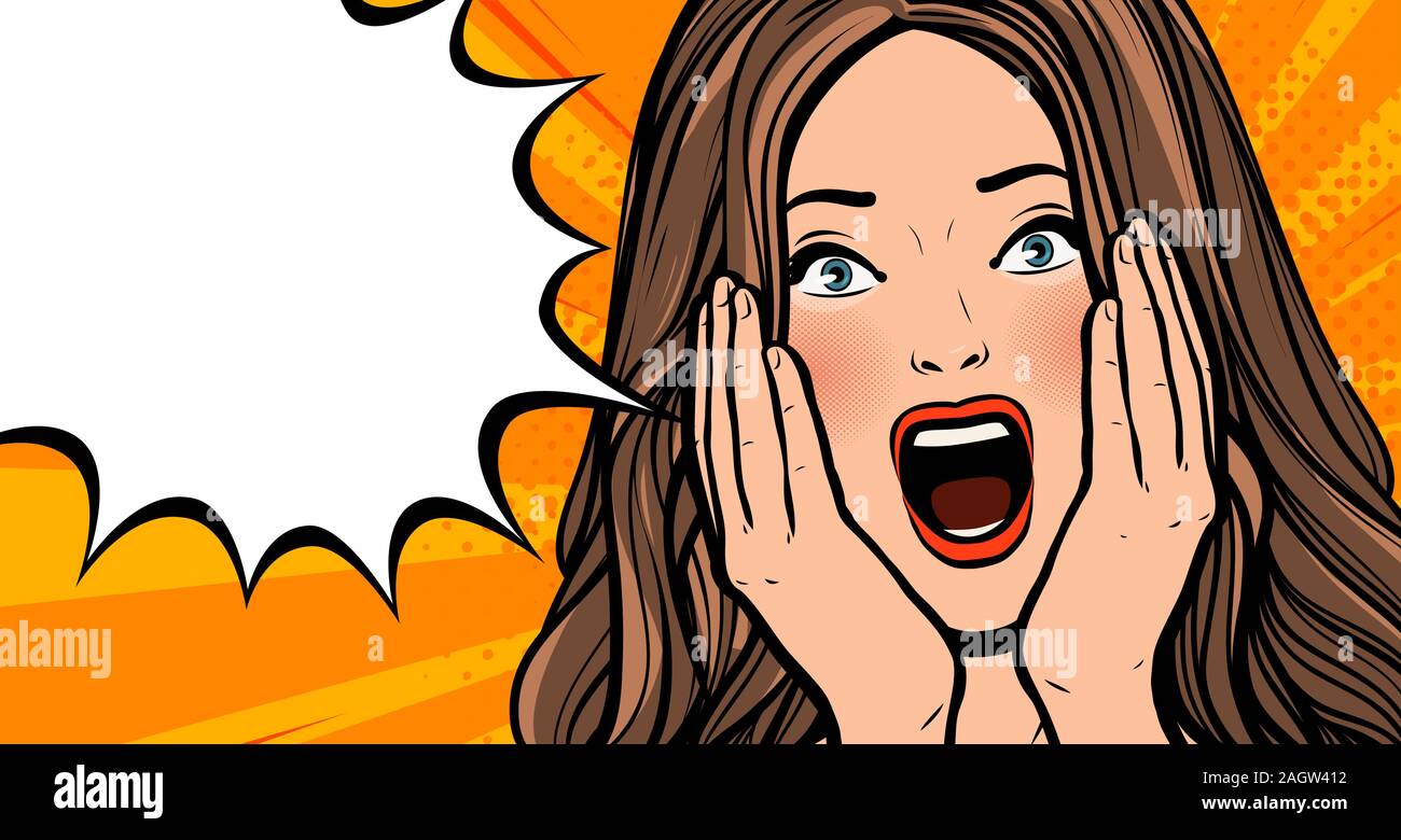 Delighted girl or young woman. Pop art retro comic style. Cartoon vector illustration Stock Vector