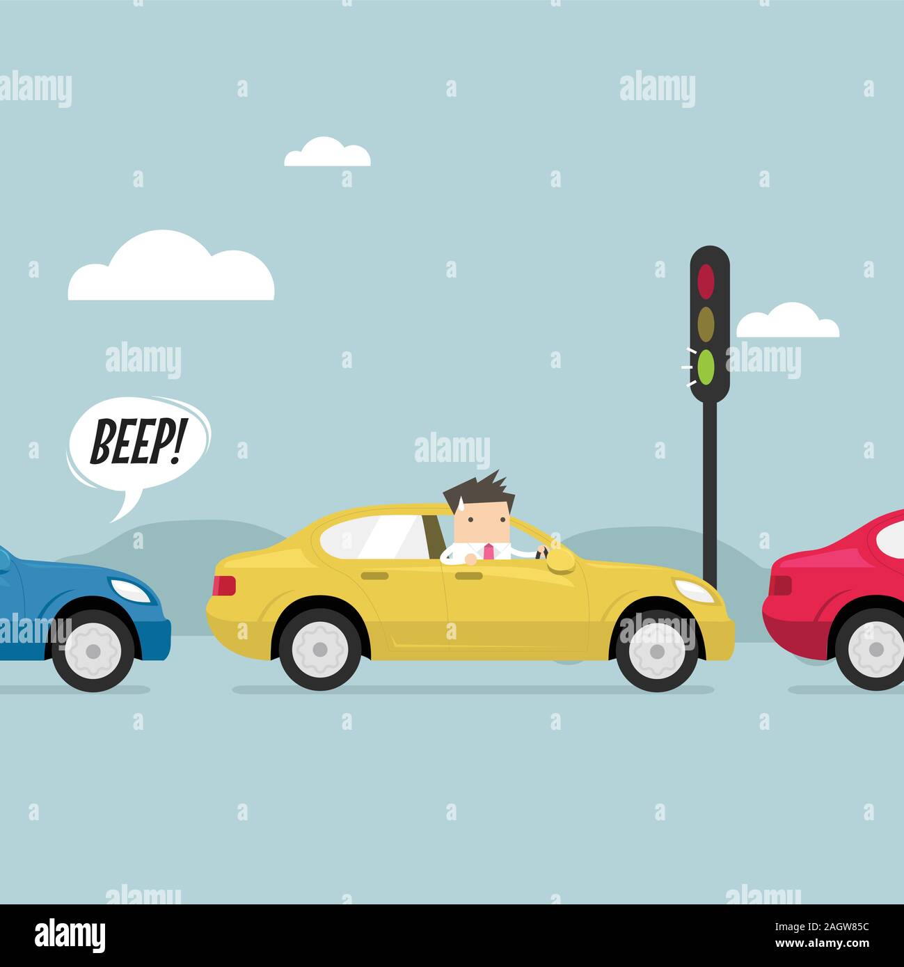 Businessman on the road with traffic jam, Green traffic light, honk a horn. vector Stock Vector