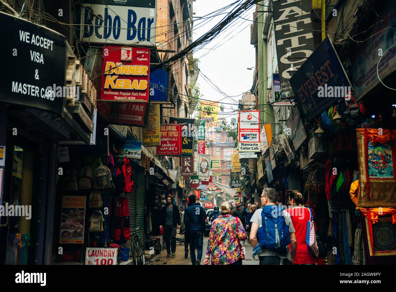 KATHMANDU, NEPAL - NOVEMBER 2019 Busy shopping street with colorful