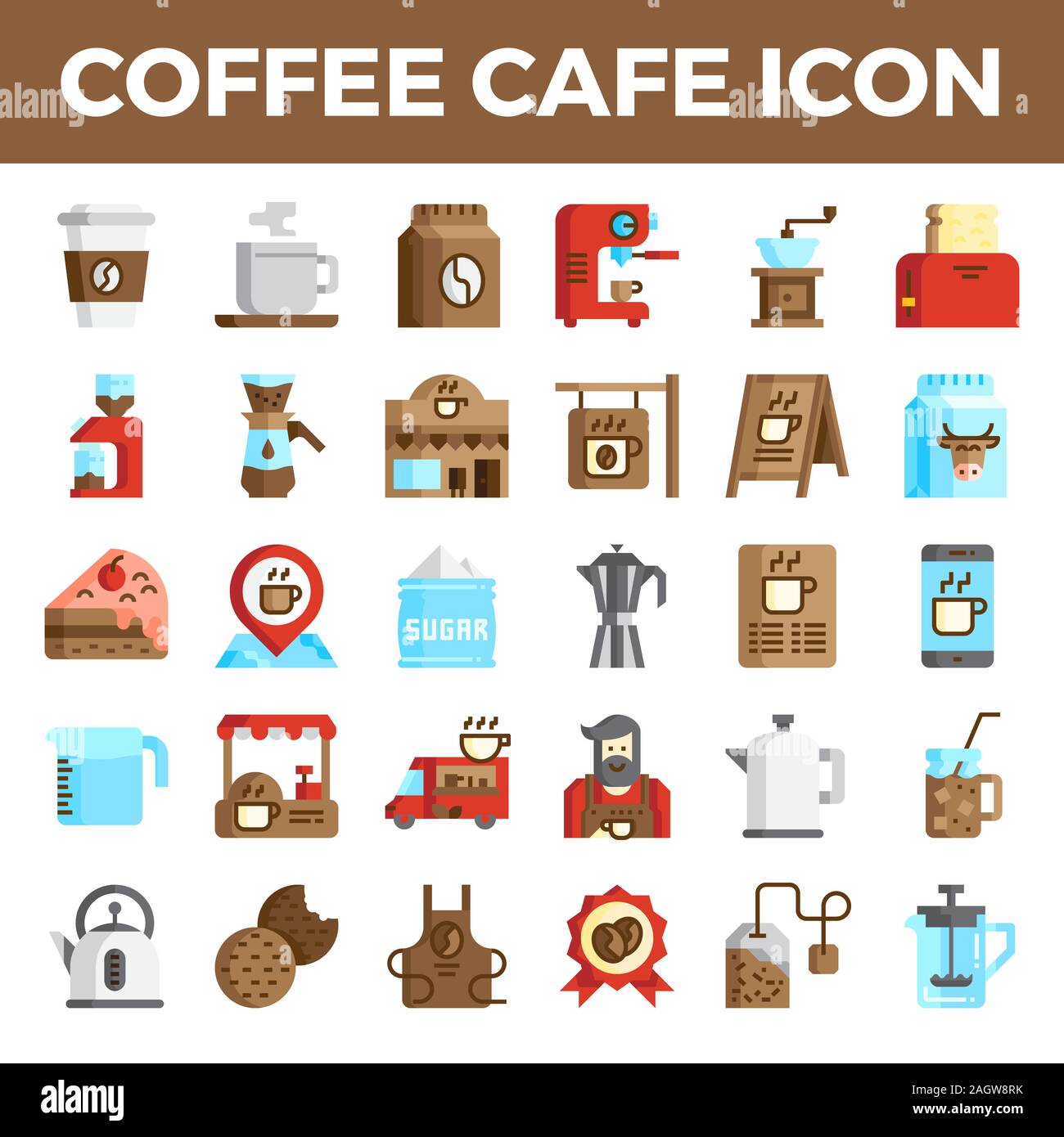 Coffee cafe flat icons. Pixel perfect alignment icon. Vector illustration. Stock Vector