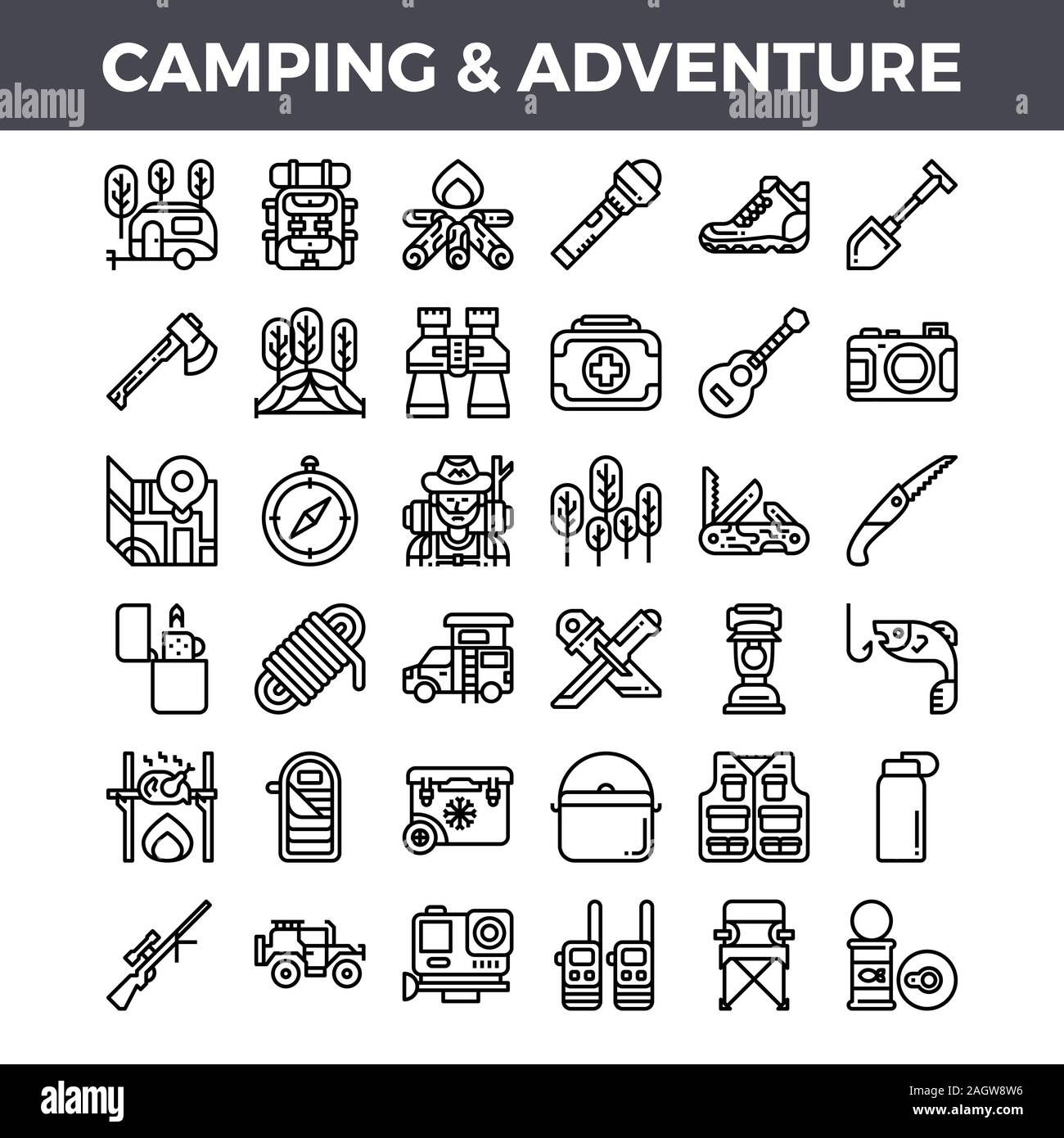 Camping and outdoor adventure outline icons. Pixel perfect icon. Vector ...