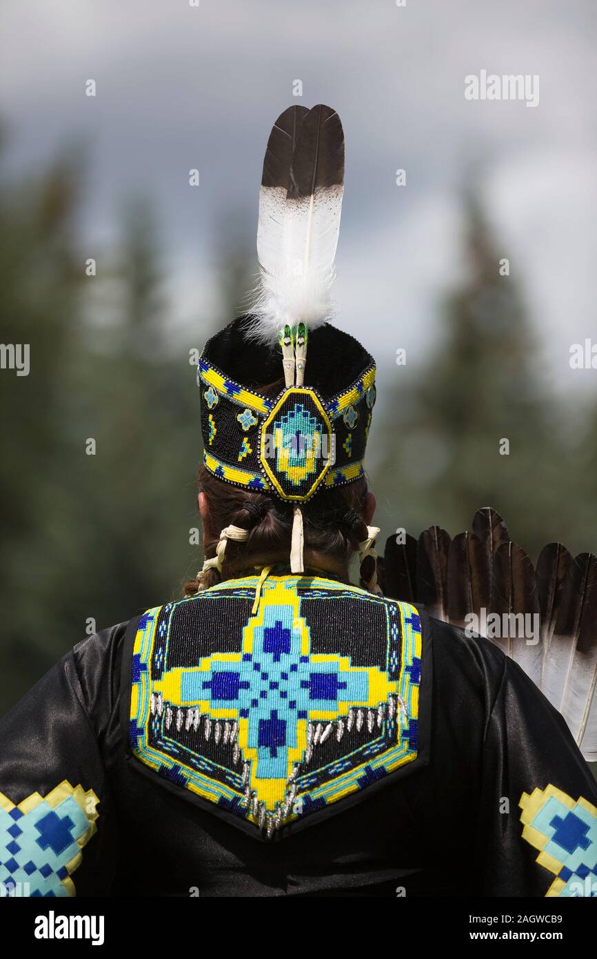 Detail of dance clothing worn by indigenous woman in Canada Day powwow. Stock Photo