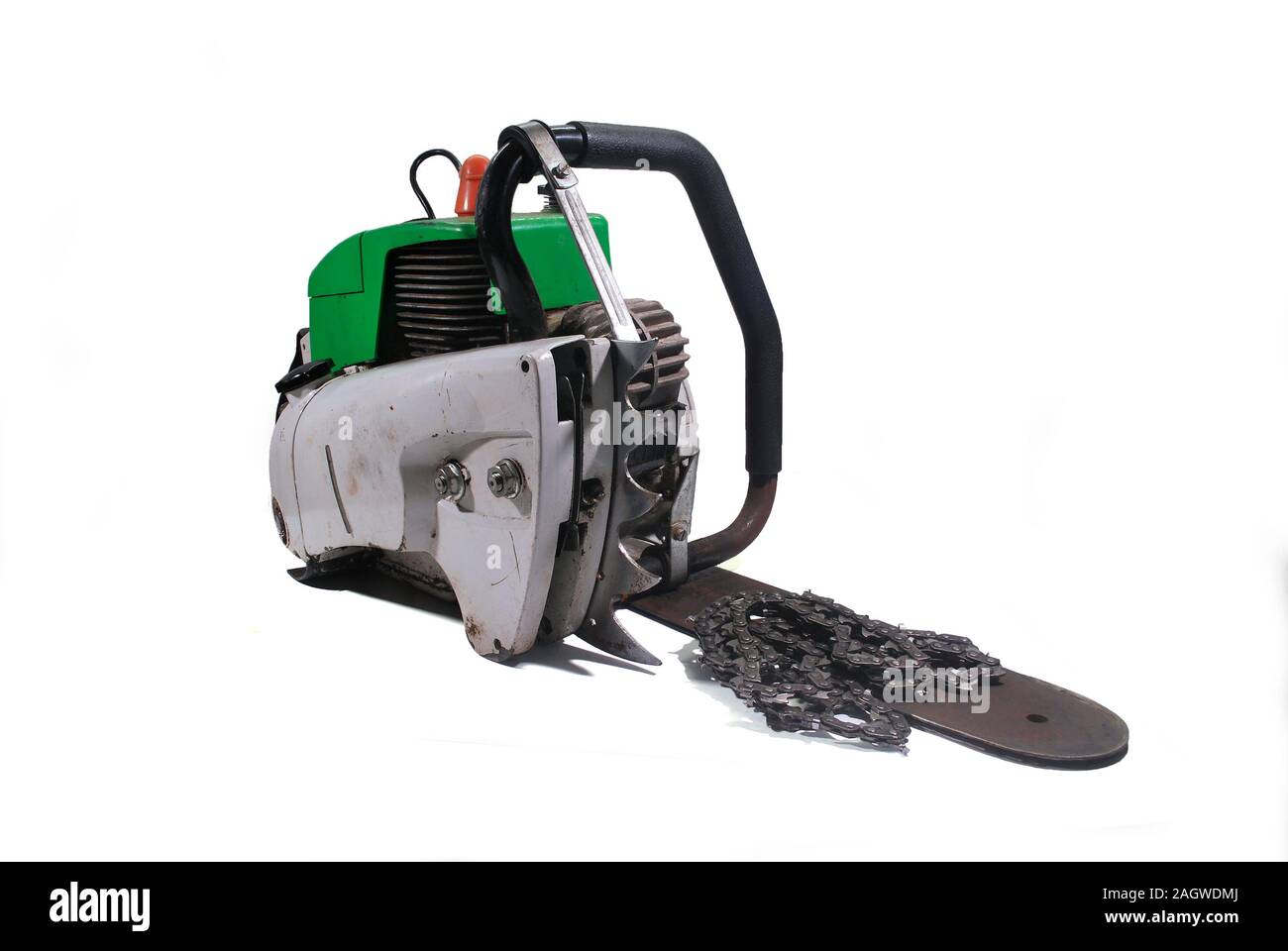 Green chain saw, no bar, no chain isolated on white background.(with