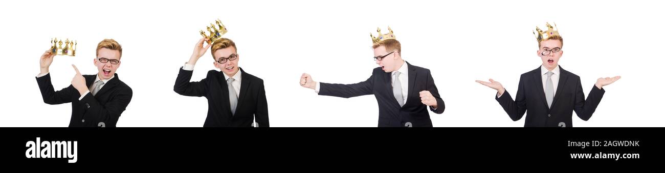 The young businessman with crown isolated on white Stock Photo