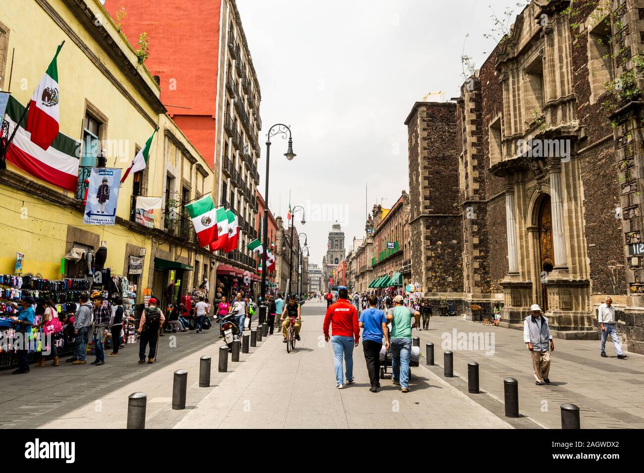 Main Street Street View Street View Of Shopping Street With Historic Buildings Near The Main Plaza  In The Downtown Of Mexico City Stock Photo - Alamy