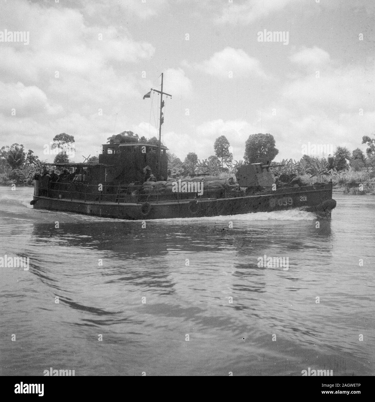 1947 - Patrol boat on a river in Indonesia, Dutch East Indies Stock Photo