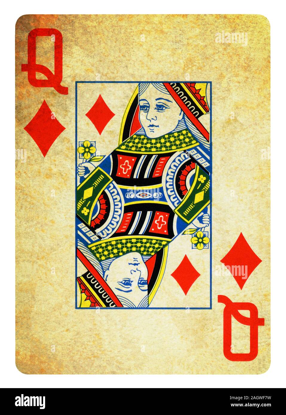 Queen of Diamonds Vintage playing card isolated on white (clipping path ...