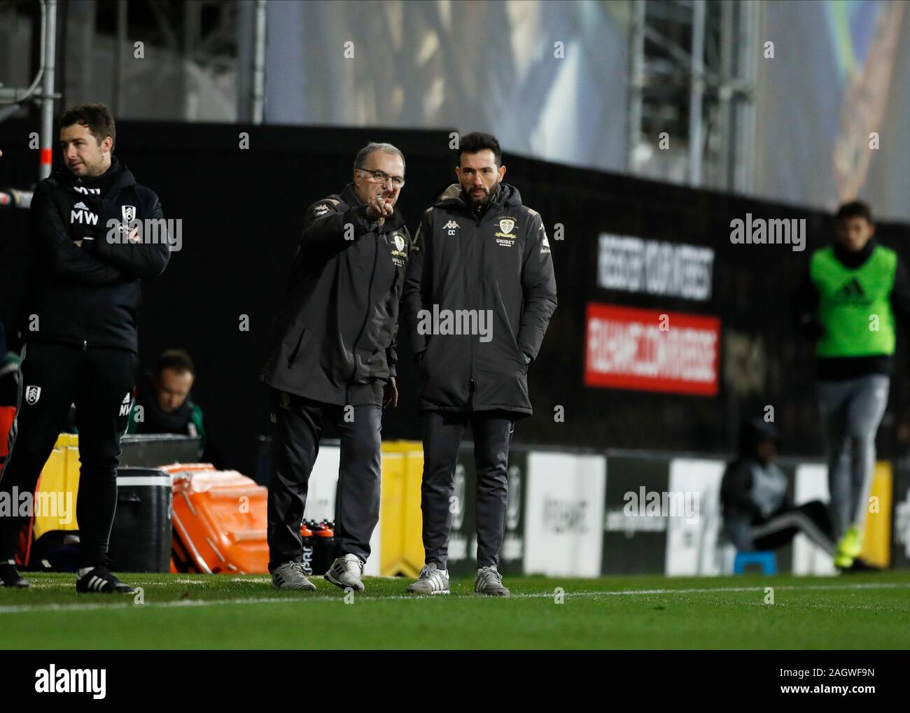Craven Cottage London Uk 21st Dec 2019 English Championship Football Fulham Versus Leeds United Leeds United Manager Marcelo Bielsa Talking To Leeds United Assistant Manager Diego Flores Strictly Editorial Use Only