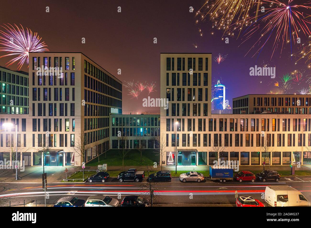 Fireworks at Munichs office buildings, beautiful explosions. Stock Photo