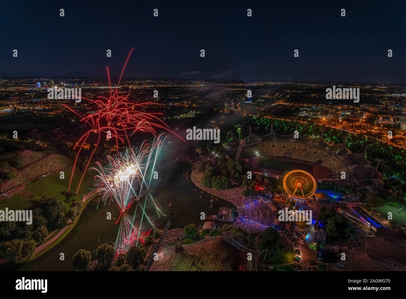 The colorful light of fireworks at Munich from a high angle. Stock Photo
