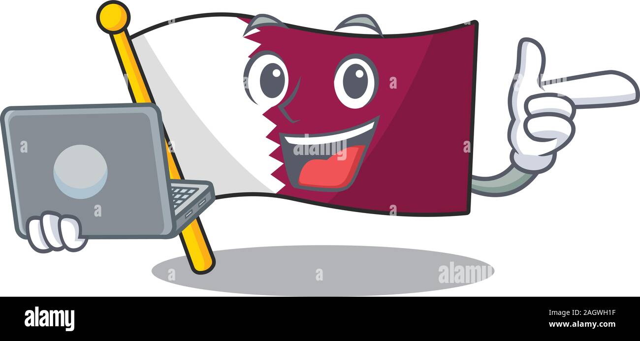 Cute and smart flag qatar Scroll working with laptop Stock Vector