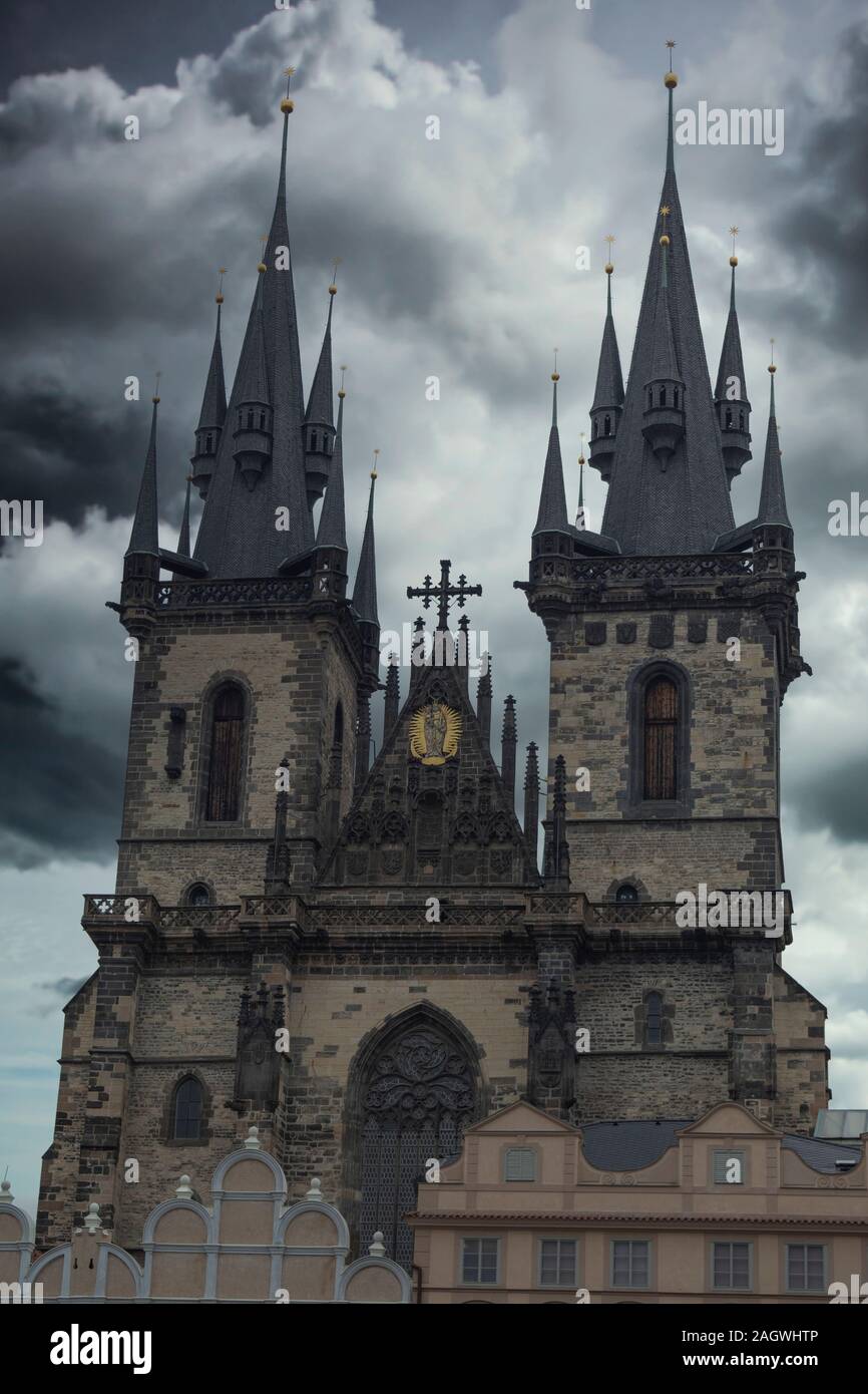 Prague Old town square, Tyn Cathedral. under sunlight. Stock Photo