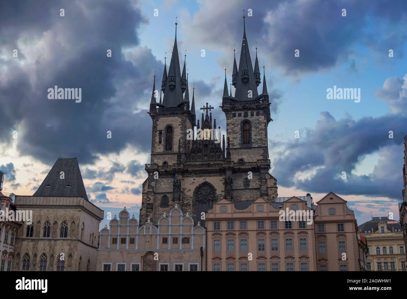 Prague Old town square, Tyn Cathedral. under sunlight. Stock Photo