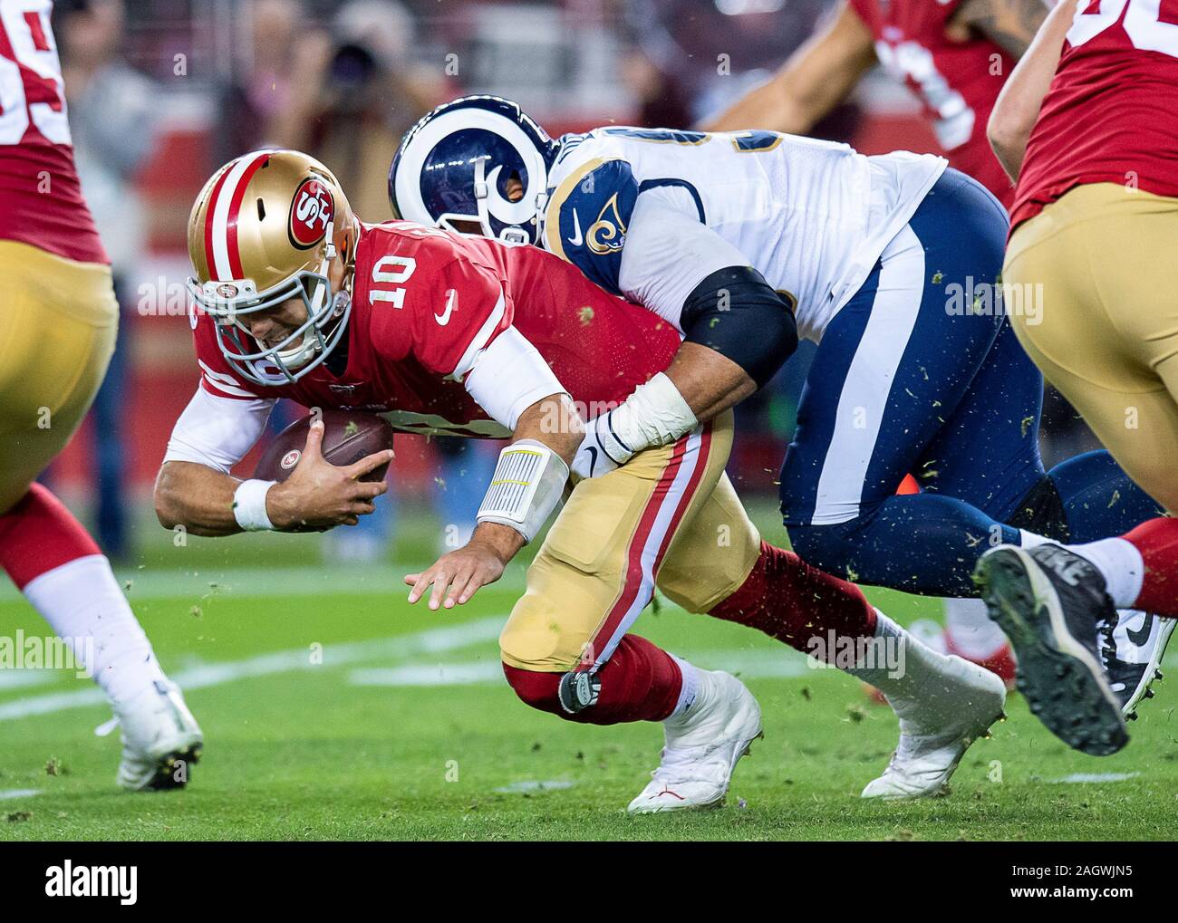Santa Clara, CA, USA. 21st Dec, 2019. s10 is sacked by Los Angeles Rams defensive tackle Aaron Donald (99) in the third quarter during a game at Levi's Stadium on Saturday, December 21, 2019 in Santa Clara, Calif. Credit: Paul Kitagaki Jr./ZUMA Wire/Alamy Live News Stock Photo