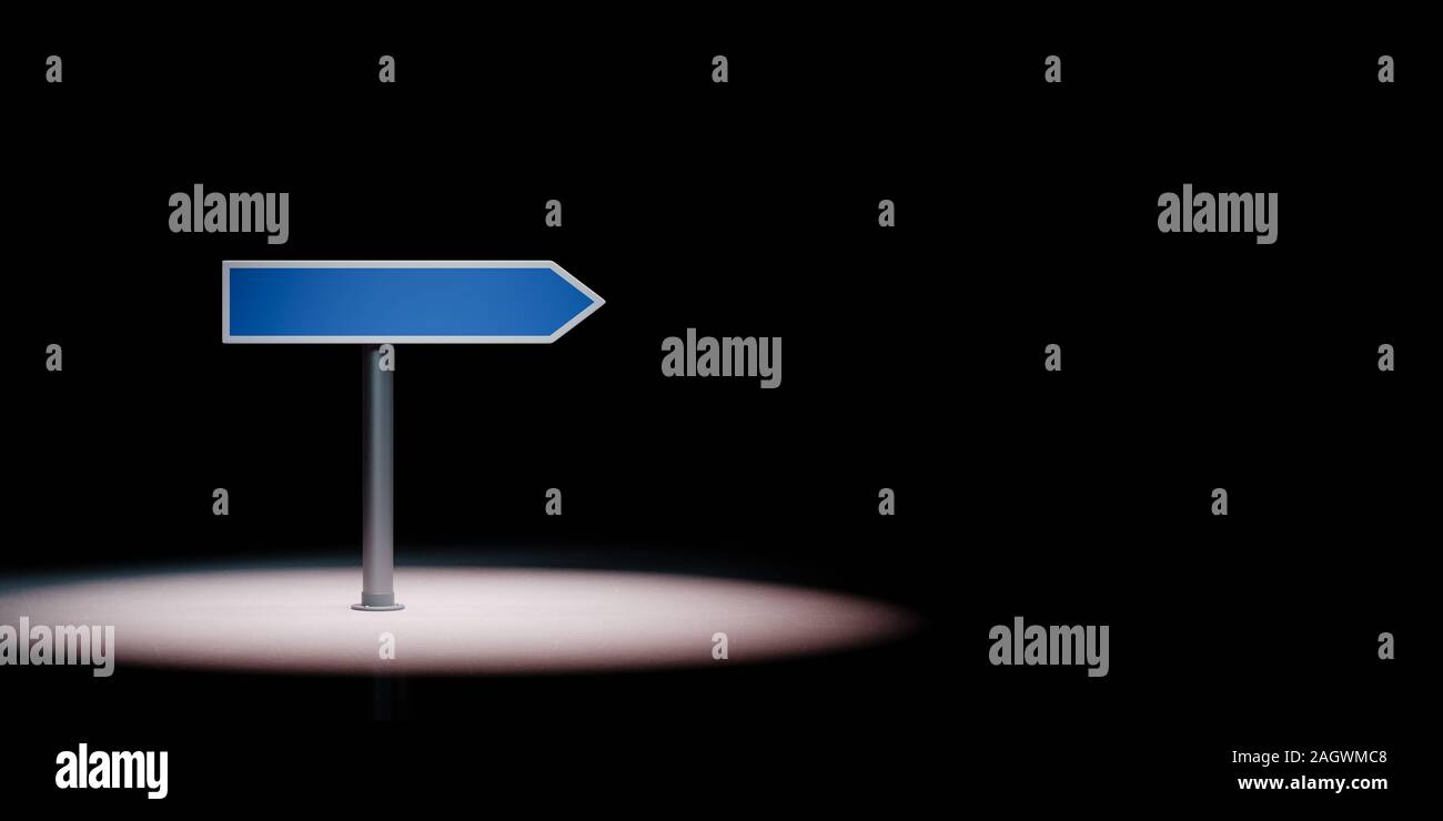 Blue Blank Directional Arrow Spotlighted on Black Background with Copy Space 3D Illustration Stock Photo