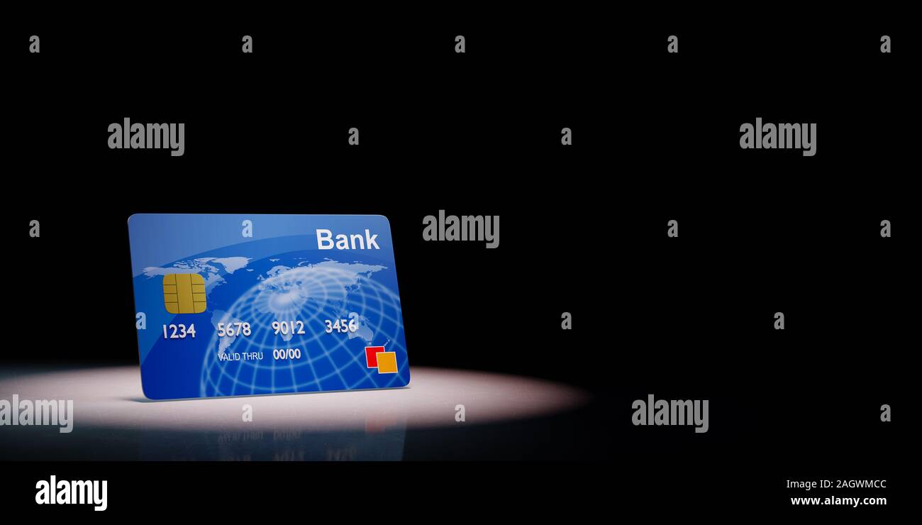 Single Blue Credit or Debit Card Spotlighted on Black Background with Copy Space 3D Illustration Stock Photo