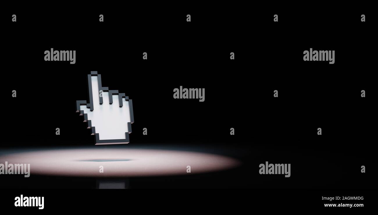 Hand Mouse Pointer Pixelated Spotlighted on Black Background with Copy Space 3D Illustration Stock Photo