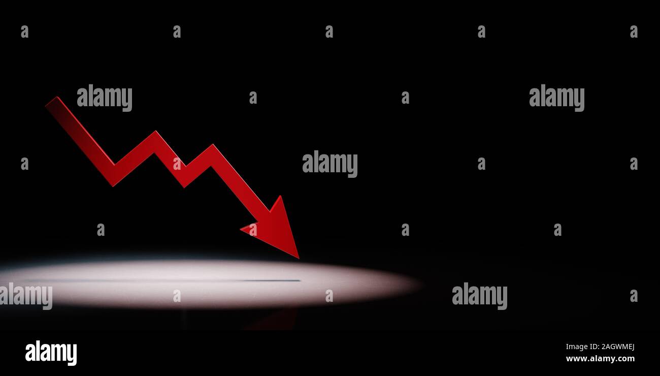 Falling Red Arrow Chart Spotlighted on Black Background with Copy Space 3D Illustration Stock Photo