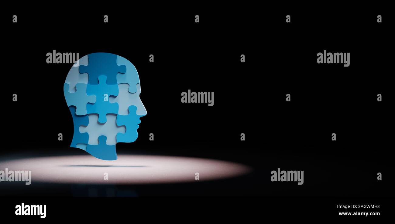 Blue Human Puzzle Head Shape Spotlighted on Black Background with Copy Space 3D Illustration Stock Photo