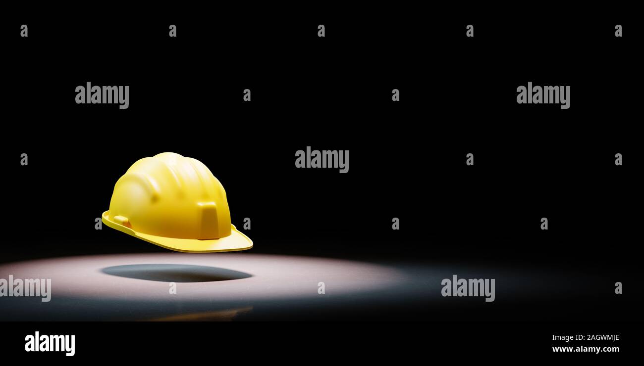 Yellow Hard Hat Spotlighted on Black Background with Copy Space 3D Illustration Stock Photo