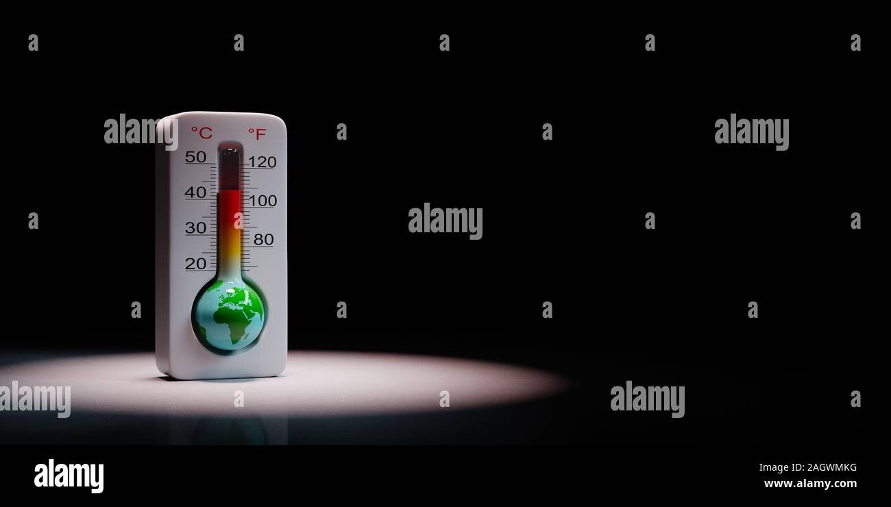 Earth in the Shape of a Thermometer Spotlighted on Black Background with Copy Space 3D Illustration, Global Warming Concept Stock Photo