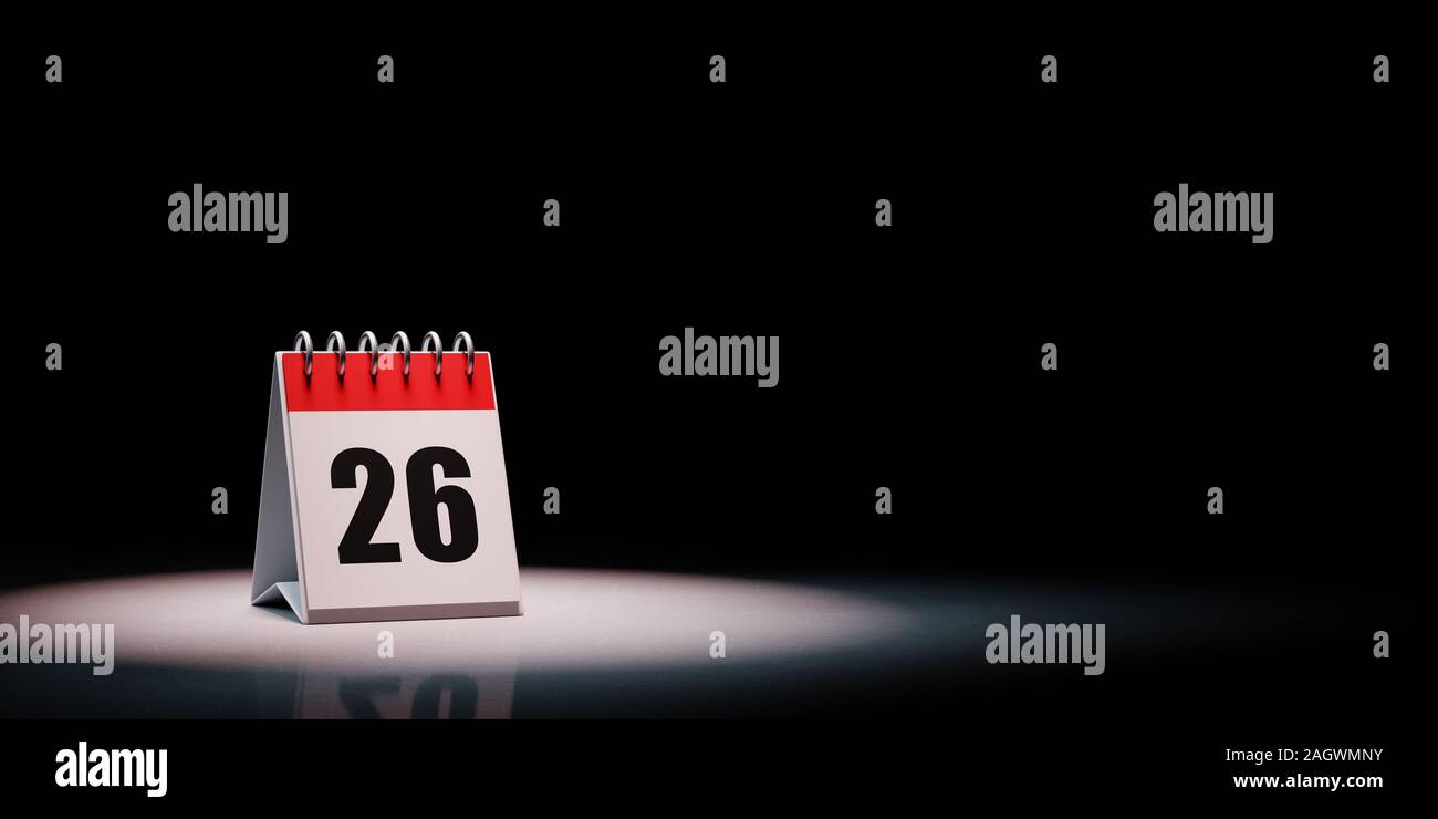 Red and White Single Day Desk Calendar Spotlighted on Black Background with Copy Space 3D Illustration, Day 26 of the Month Stock Photo