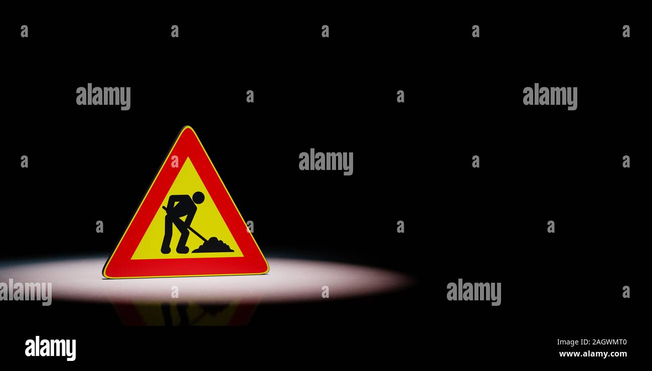 Men at Work Warning Triangle Road Sign Spotlighted on Black Background with Copy Space 3D Illustration Stock Photo